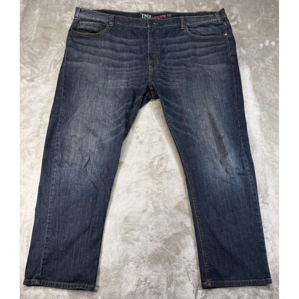 True Nation Jeans Mens 50x32 Dark Blue whiskers Athletic Fit Stretch Denim